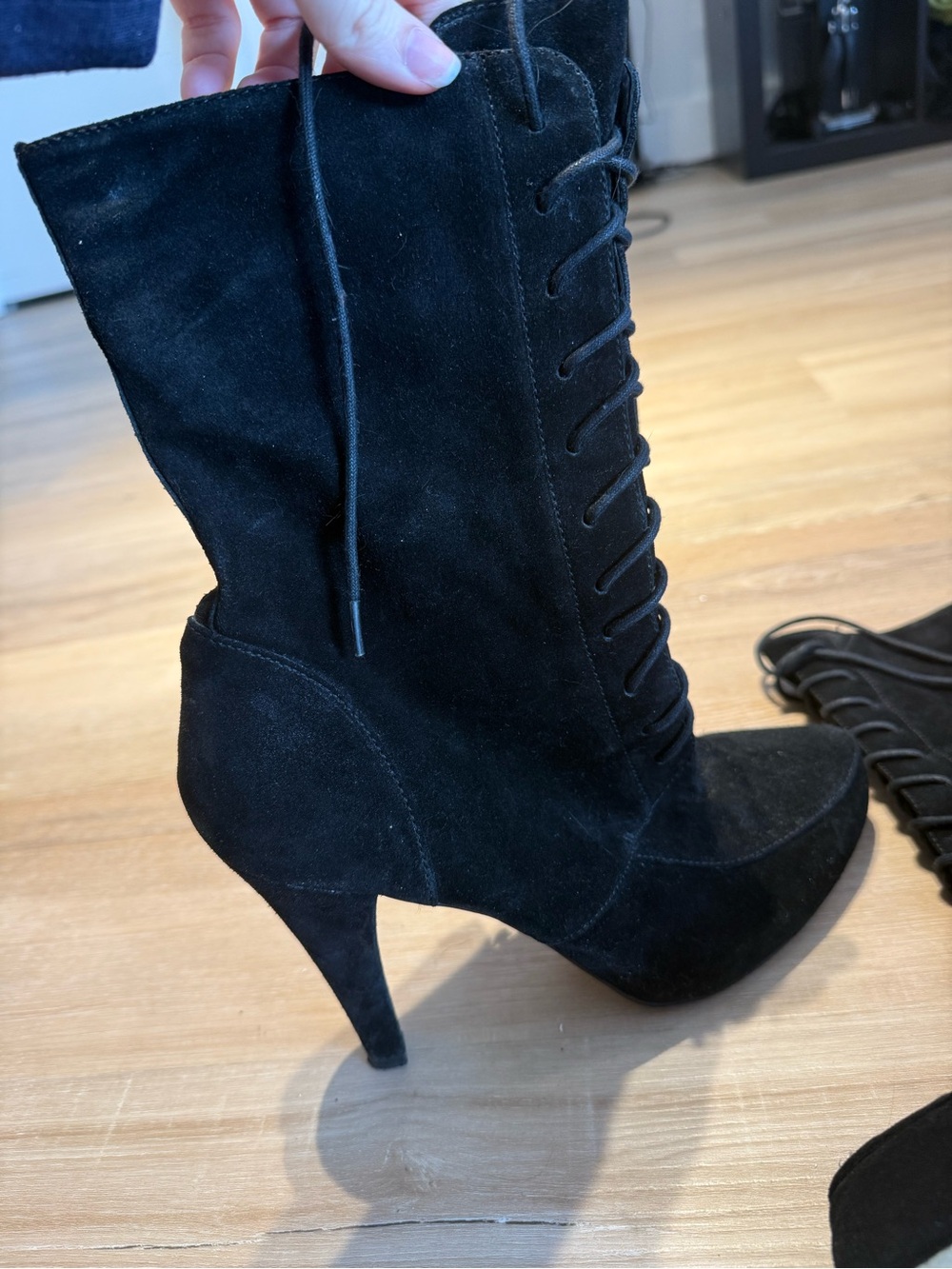 Nine West Black Lace-Up Suede High-Heel Ankle Boots - Picture 3 of 6